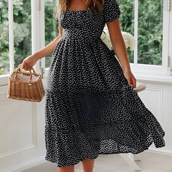 Roll Up Fashion Dresses & Skirts - Women's Spring Summer Casual Cute Boho Floral Print Long Midi Dress- Black